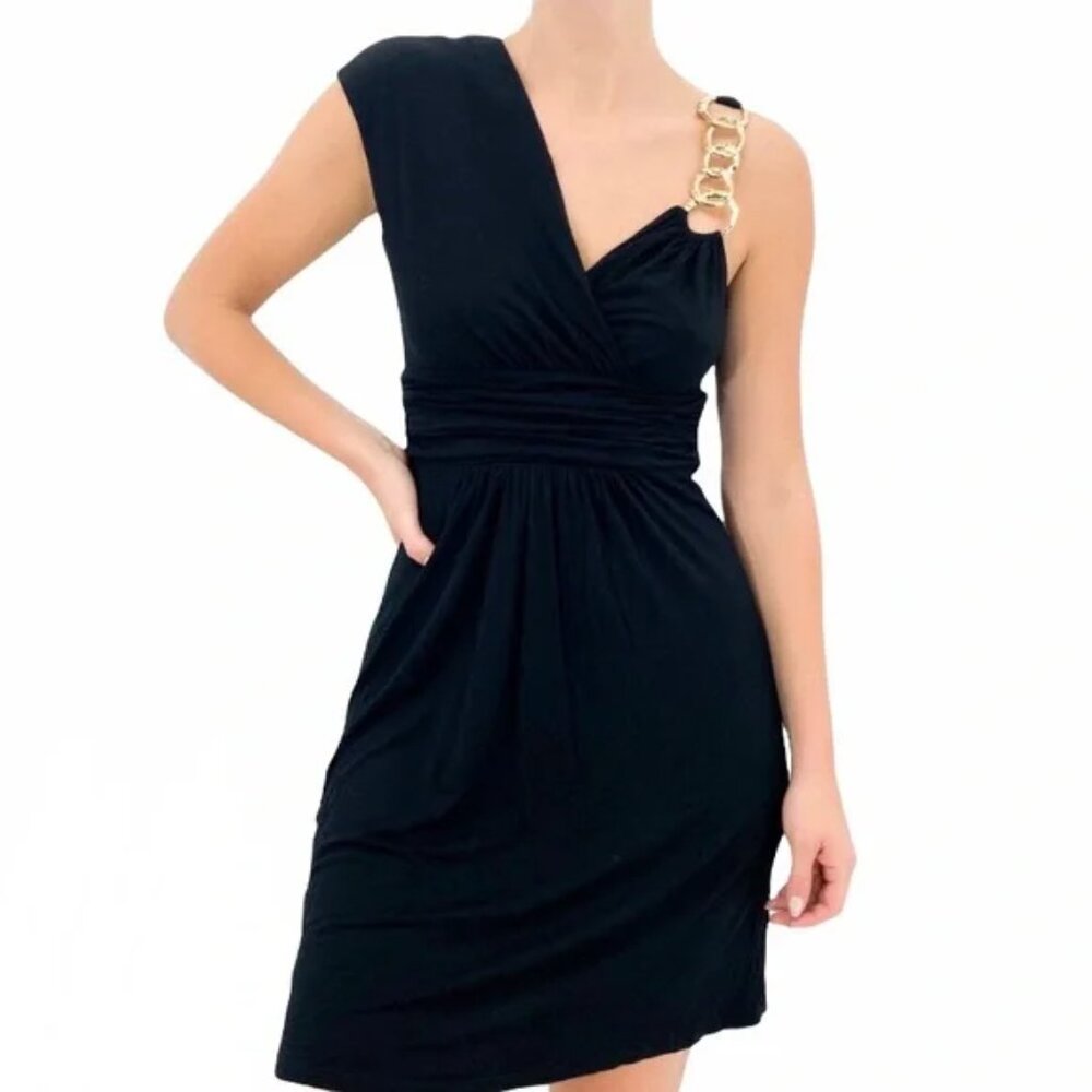 Ronni Nicole Gold Chain Strap V-Neck Dress Black 10 NWOT